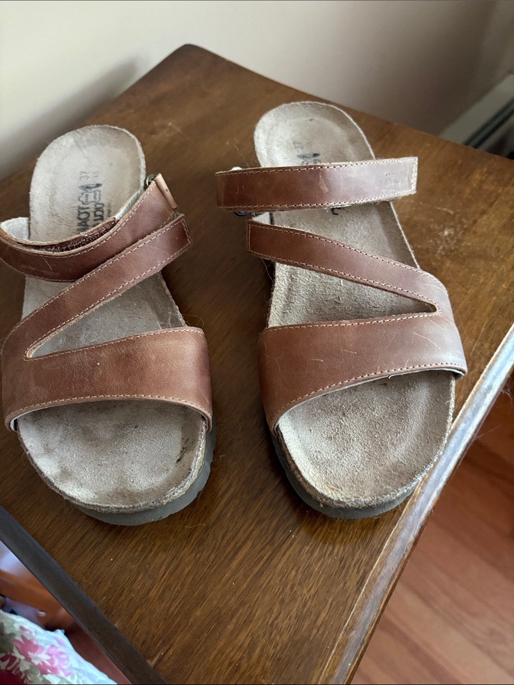 Naot Brown Leather Triple-Strap Slide Sandals
